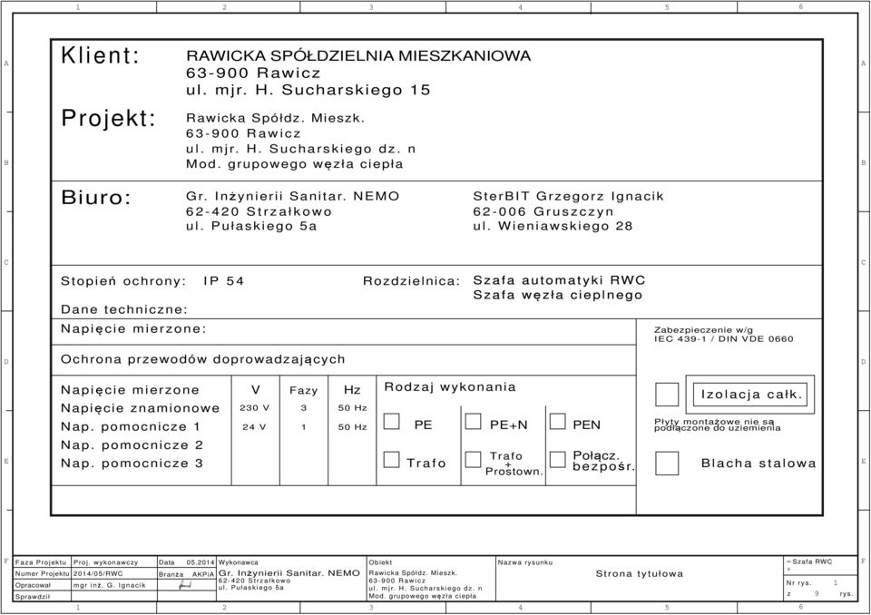 automatyki RW Szafa węzła cieplnego Napięcie mierzone: Zabezpieczenie w/g I 49- / IN V 00 Ochrona przewodów doprowadzających Napięcie mierzone Napięcie znamionowe Nap pomocnicze V azy Hz Rodzaj