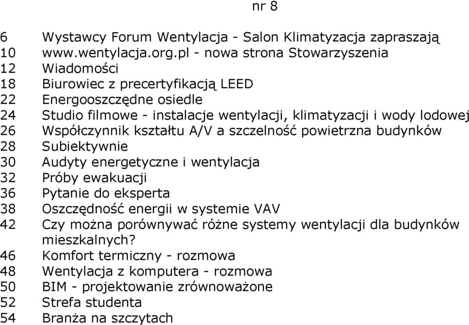 wody lodowej 26 Współczynnik kształtu A/V a szczelność powietrzna budynków 28 Subiektywnie 30 Audyty energetyczne i wentylacja 32 Próby ewakuacji 36 Pytanie do eksperta
