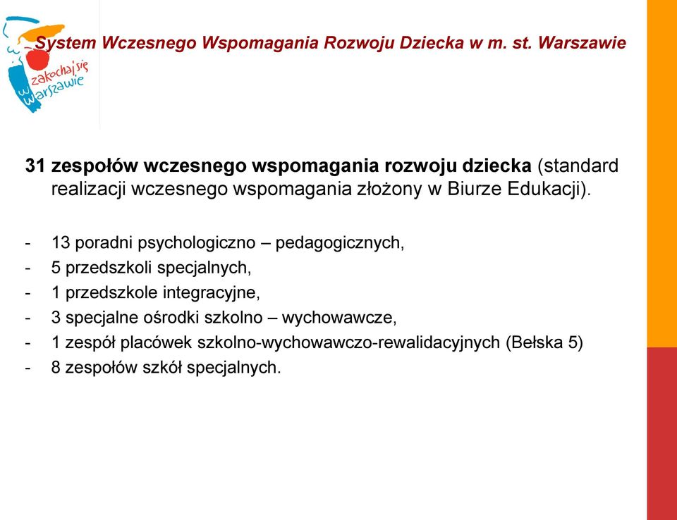 - 13 poradni psychologiczno pedagogicznych, - 5 przedszkoli specjalnych, - 1 przedszkole