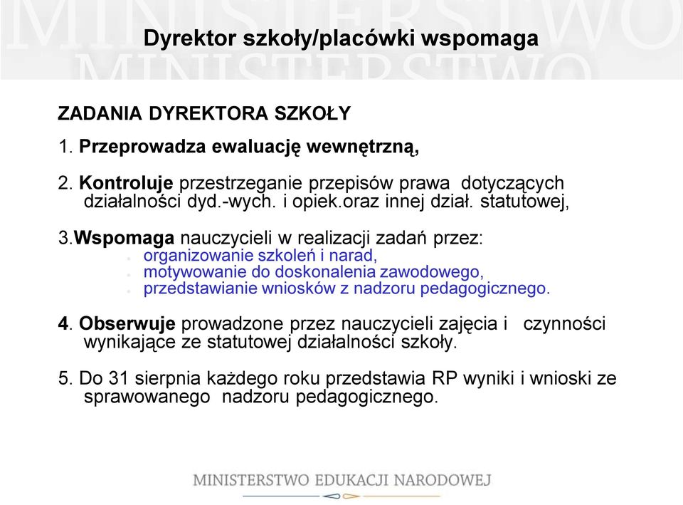 Wspomaga nauczycieli w realizacji zadań przez: organizowanie szkoleń i narad, motywowanie do doskonalenia zawodowego, przedstawianie wniosków z