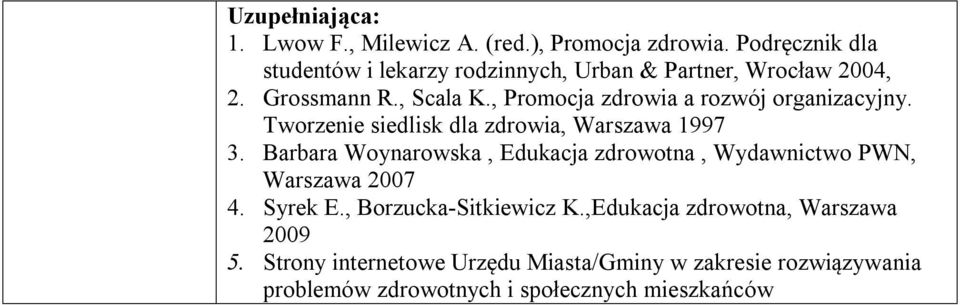 , Promocja zdrowia a rozwój organizacyjny. Tworzenie siedlisk dla zdrowia, Warszawa 1997 3.