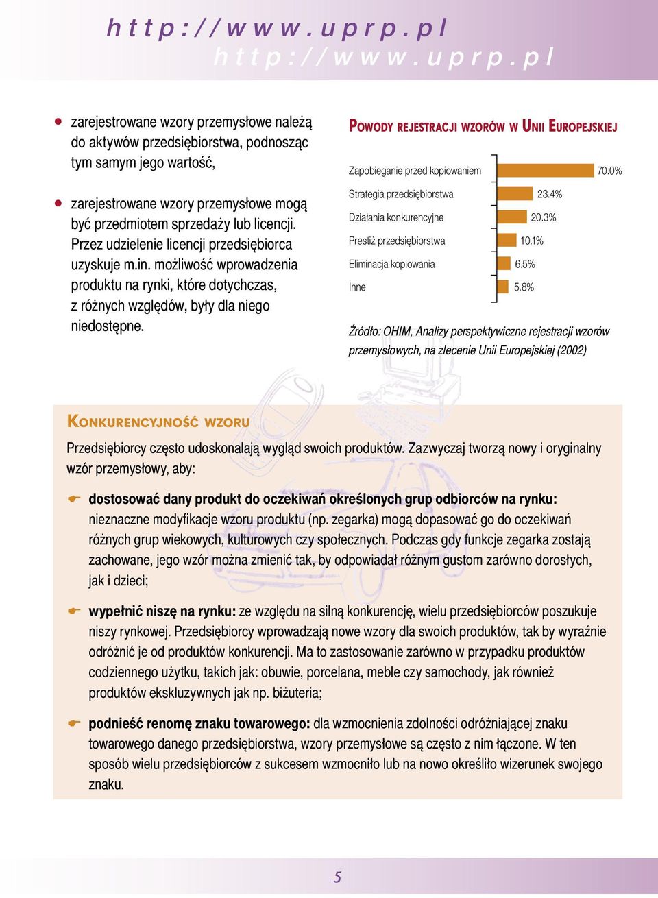 POWODY REJESTRACJI WZORÓW W UNII EUROPEJSKIEJ Zapobieganie przed kopiowaniem 70.0% Strategia przedsiębiorstwa 23.4% Działania konkurencyjne 20.3% Prestiż przedsiębiorstwa 10.