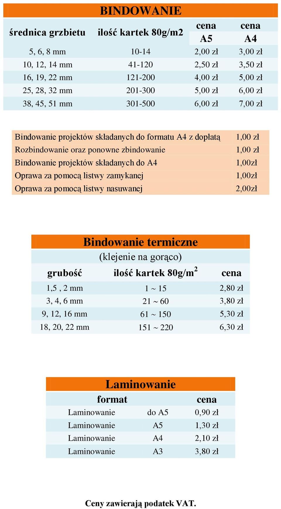 A4 Oprawa za pomocą listwy zamykanej Oprawa za pomocą listwy nasuwanej 1,00zł 1,00zł 2,00zł Bindowanie termiczne (klejenie na gorąco) grubość ilość kartek 80g/m 2 cena 1,5, 2 mm 1 15 2,80 zł