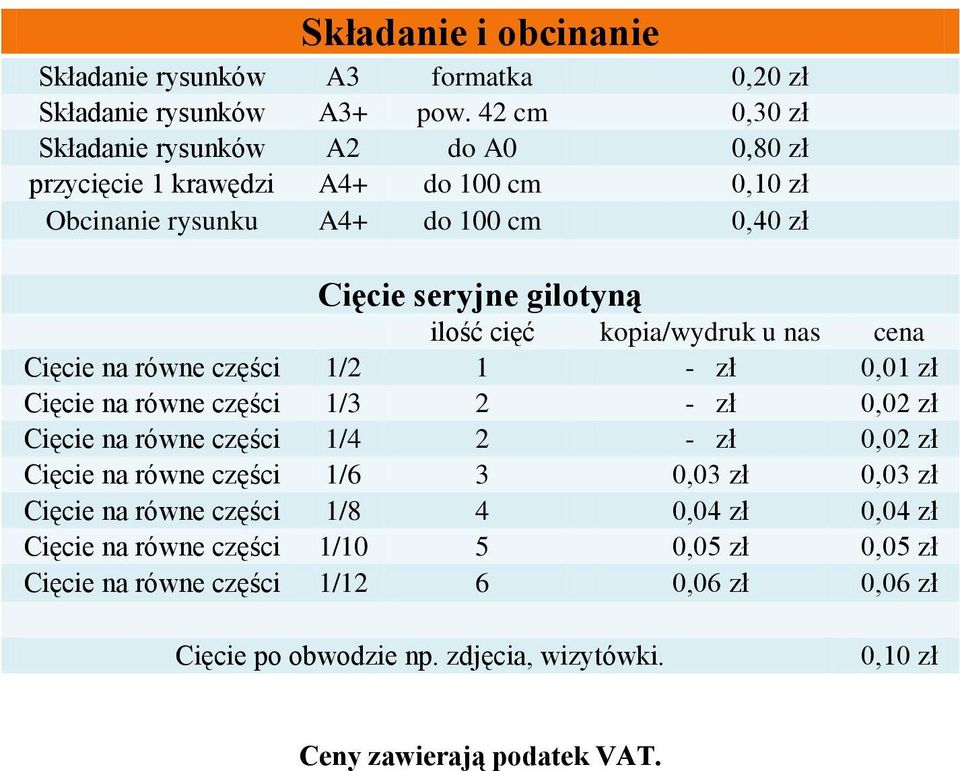 ilość cięć kopia/wydruk u nas cena Cięcie na równe części 1/2 1 - zł 0,01 zł Cięcie na równe części 1/3 2 - zł 0,02 zł Cięcie na równe części 1/4 2 - zł 0,02