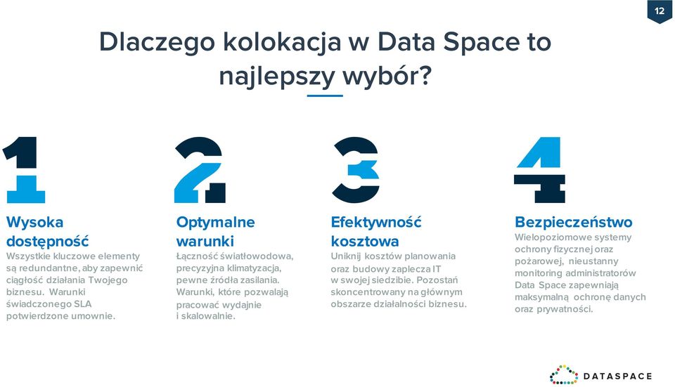 Warunki, które pozwalają pracować wydajnie i skalowalnie. Efektywność kosztowa Uniknij kosztów planowania oraz budowy zaplecza IT w swojej siedzibie.