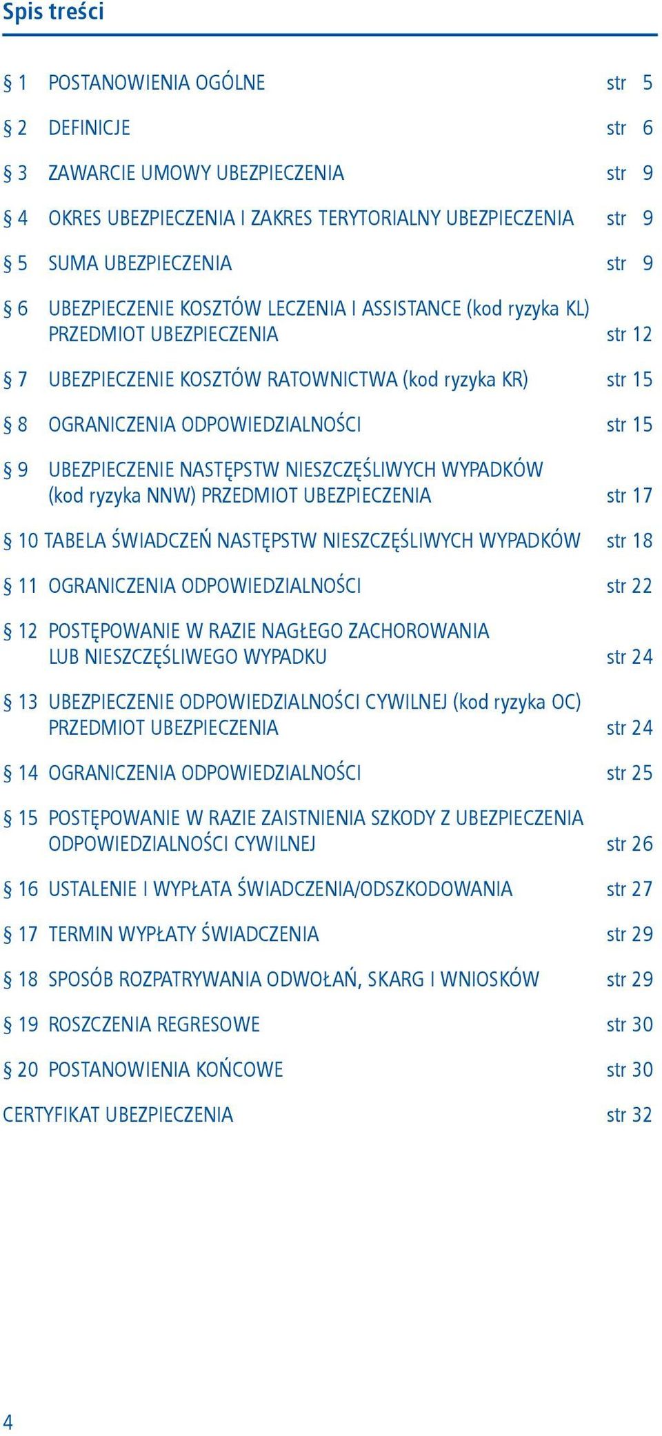 UBEZPIECZENIE NASTĘPSTW NIESZCZĘŚLIWYCH WYPADKÓW (kod ryzyka NNW) PRZEDMIOT UBEZPIECZENIA str 17 10 TABELA ŚWIADCZEŃ NASTĘPSTW NIESZCZĘŚLIWYCH WYPADKÓW str 18 11 OGRANICZENIA ODPOWIEDZIALNOŚCI str 22