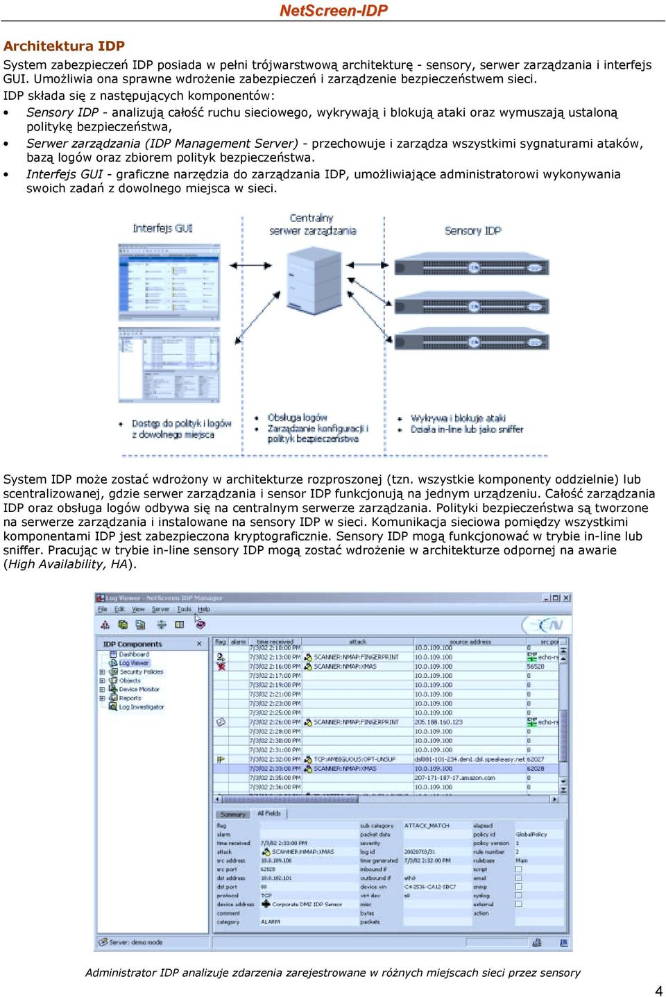 IDP składa się z następujących komponentów: Sensory IDP - analizują całość ruchu sieciowego, wykrywają i blokują ataki oraz wymuszają ustaloną politykę bezpieczeństwa, Serwer zarządzania (IDP