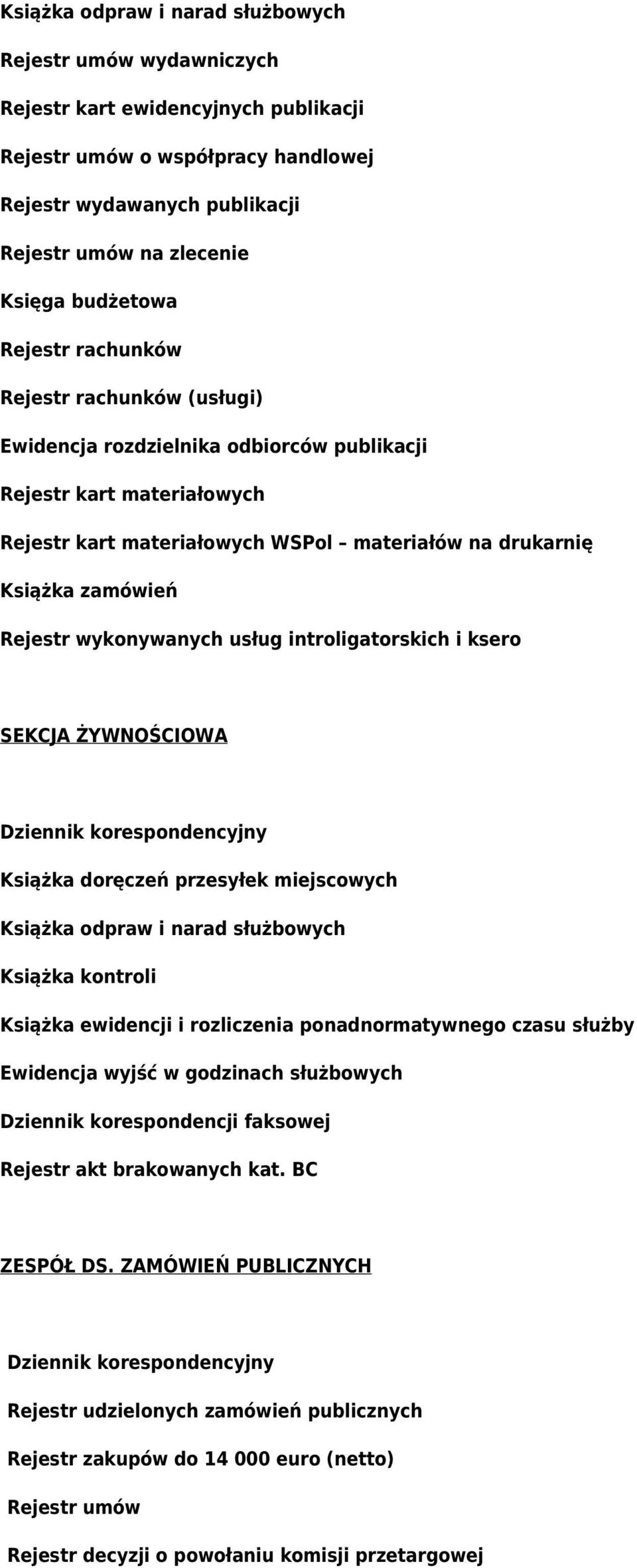 zamówień Rejestr wykonywanych usług introligatorskich i ksero SEKCJA ŻYWNOŚCIOWA Książka kontroli Książka ewidencji i rozliczenia ponadnormatywnego czasu służby Rejestr akt