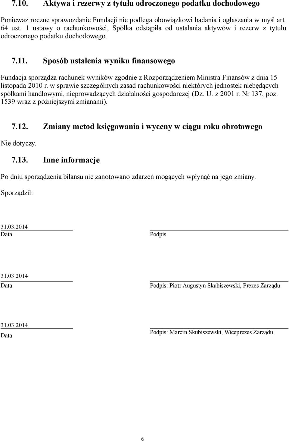Sposób ustalenia wyniku finansowego Fundacja sporządza rachunek wyników zgodnie z Rozporządzeniem Ministra Finansów z dnia 15 listopada 2010 r.