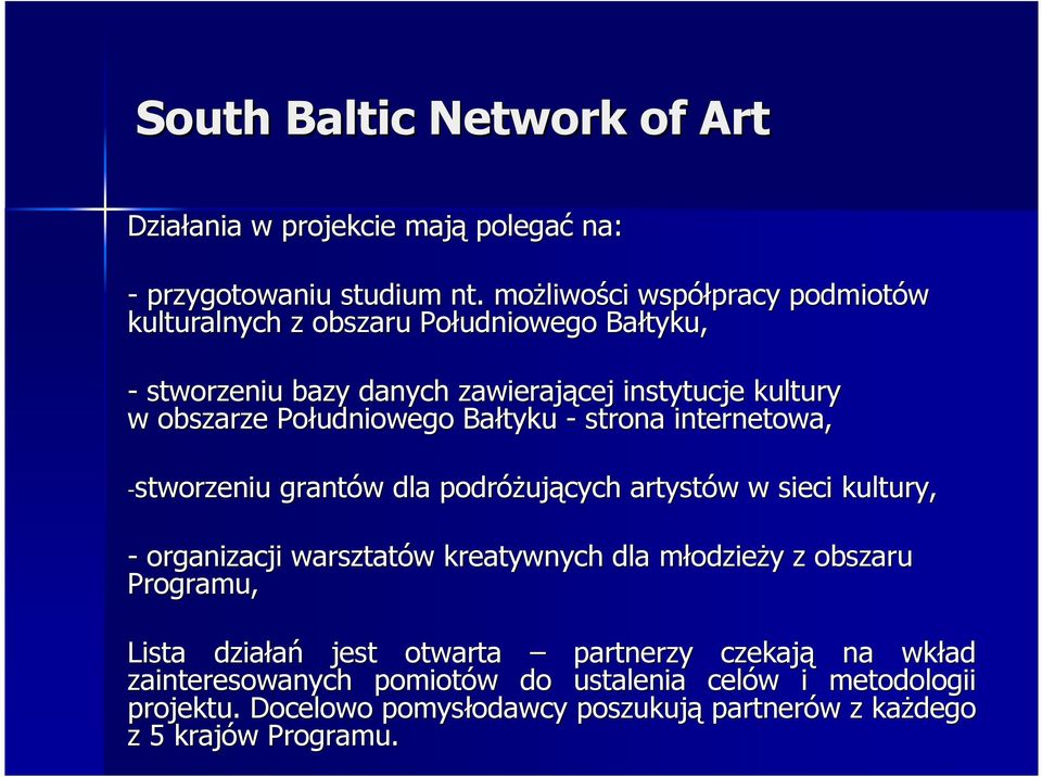 Południowego Bałtyku - strona internetowa, -stworzeniu grantów w dla podróŝuj ujących artystów w w sieci kultury, - organizacji warsztatów w kreatywnych dla młodziem