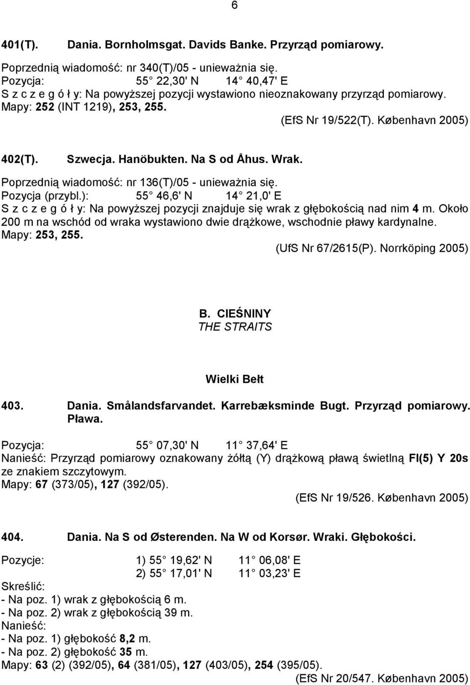 Szwecja. Hanöbukten. Na S od Åhus. Wrak. Poprzednią wiadomość: nr 136(T)/05 - unieważnia się. Pozycja (przybl.