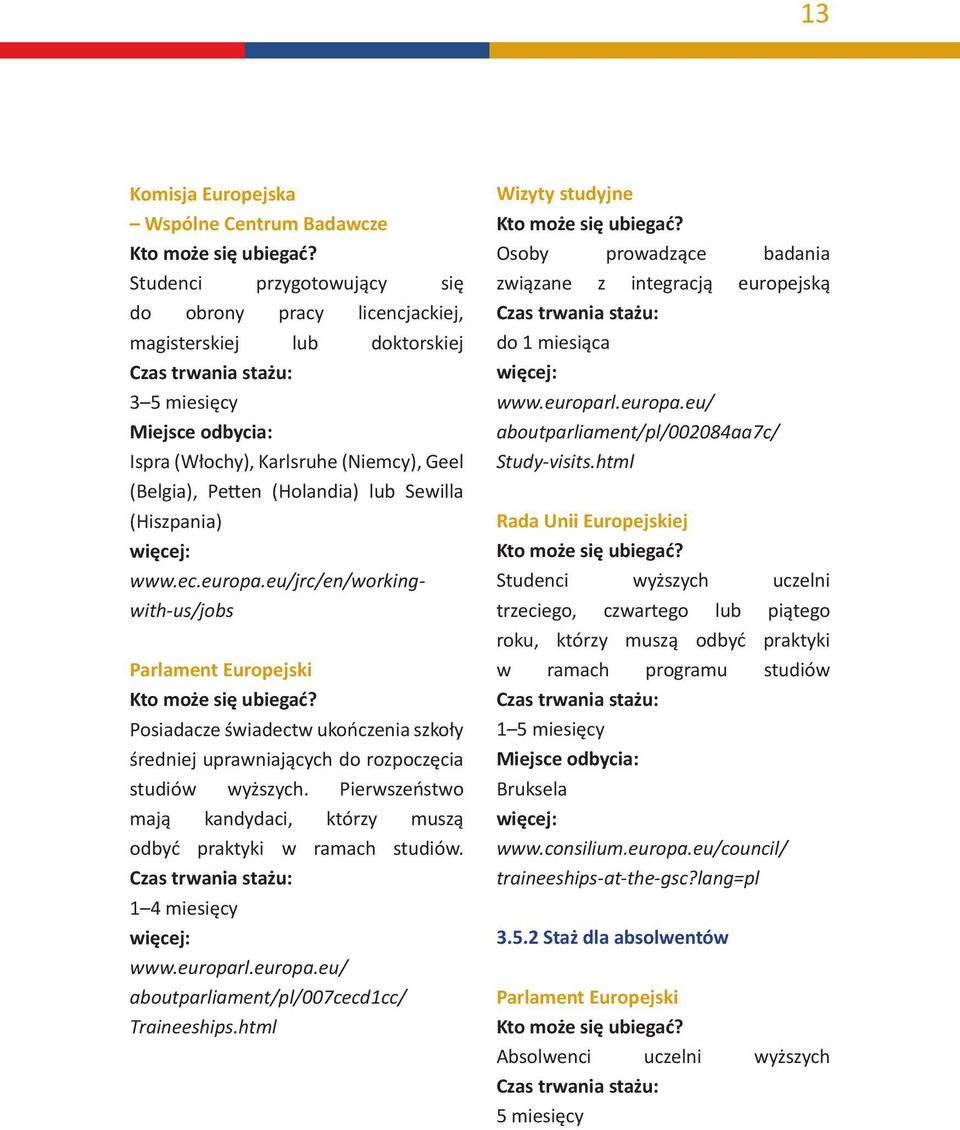 eu/jrc/en/workingwith-us/jobs Parlament Europejski Posiadacze świadectw ukończenia szkoły średniej uprawniających do rozpoczęcia studiów wyższych.
