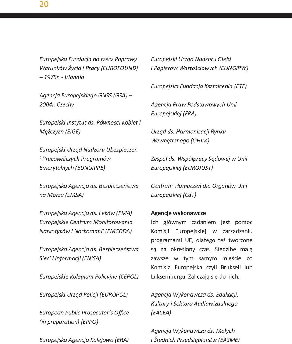 Leków (EMA) Europejskie Centrum Monitorowania Narkotyków i Narkomanii (EMCDDA) Europejska Agencja ds.