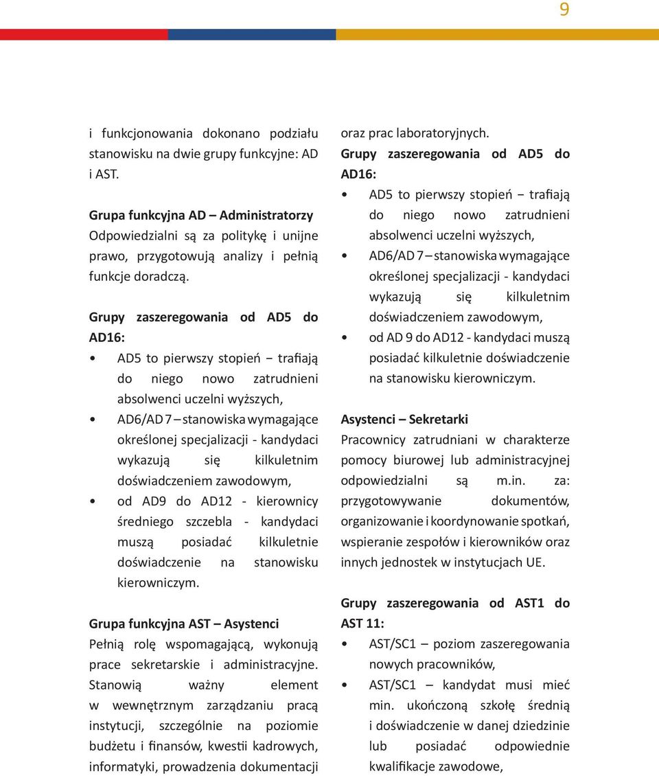 Grupy zaszeregowania od AD5 do AD16: AD5 to pierwszy stopień trafiają do niego nowo zatrudnieni absolwenci uczelni wyższych, AD6/AD 7 stanowiska wymagające określonej specjalizacji - kandydaci