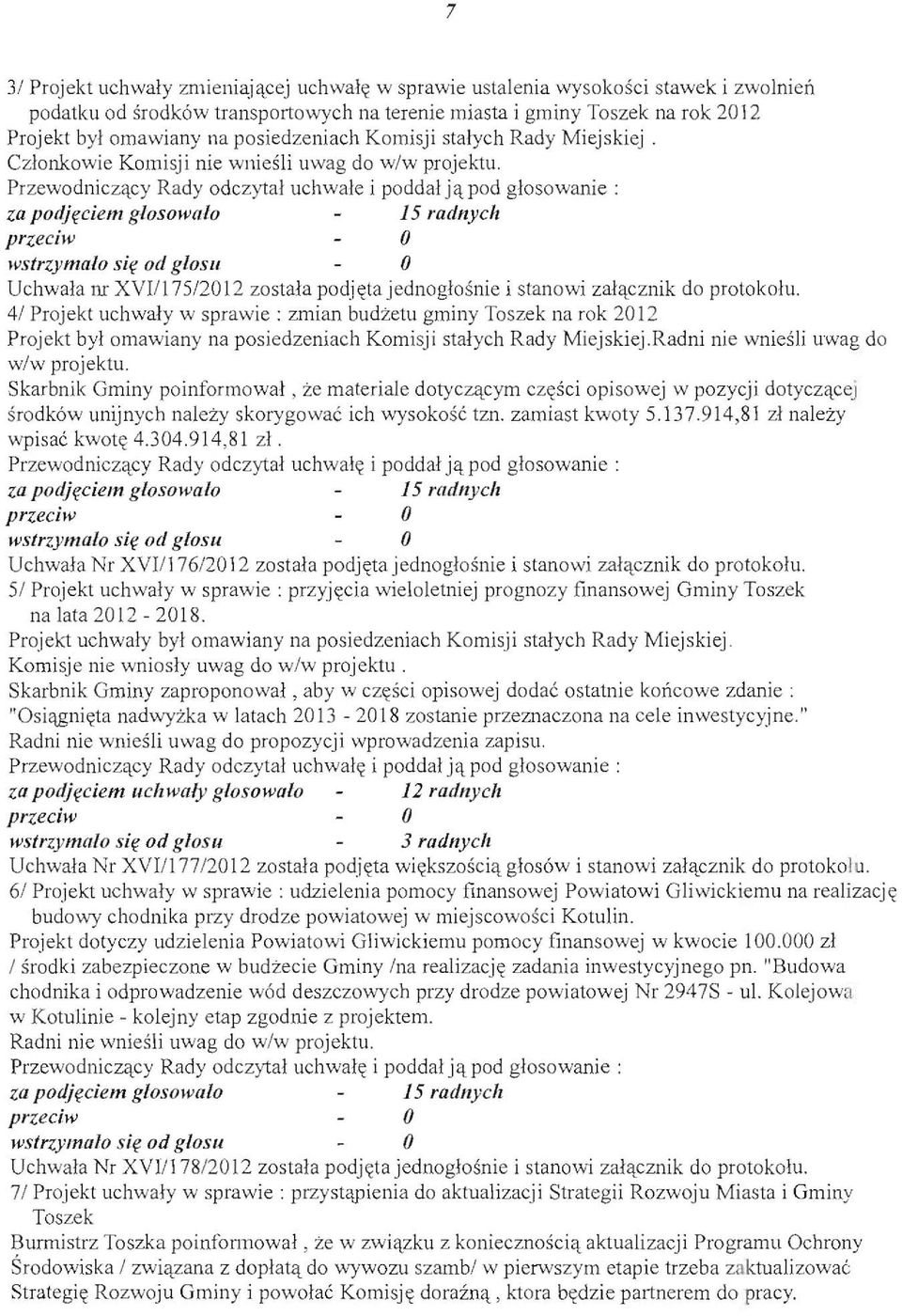 j'tpod glosowanie: za podj~ciem glosowalo J5 radnyeh przecilv IVstrzymaio sif od glosll Uchwala Ill' XVII 175/212 zostala podj ~ta jednoglosnie i stanowi zal'tcznik do protokolu.