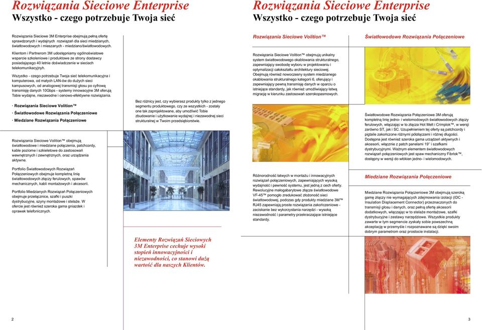Klientom i Partnerom 3M udostêpniamy ogólnoœwiatowe wsparcie szkoleniowe i produktowe ze strony dostawcy posiadaj¹cego 40 letnie doœwiadczenie w sieciach telekomunikacyjnyh.