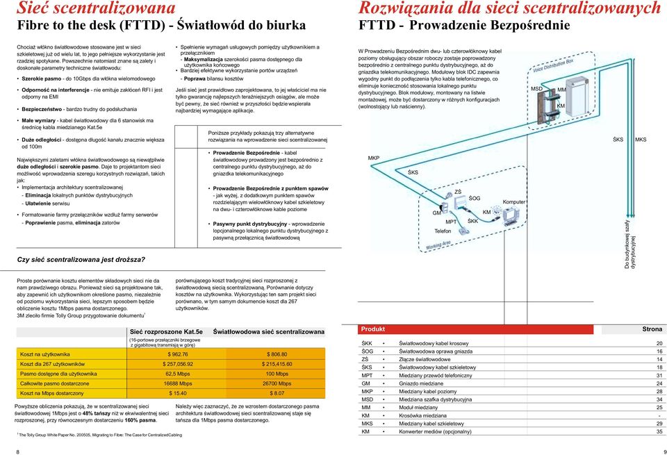 Powszechnie natomiast znane s¹ zalety i doskona³e parametry techniczne œwiat³owodu: Szerokie pasmo - do 10Gbps dla w³ókna wielomodowego Odpornoœæ na interferencje - nie emituje zak³óceñ RFI i jest