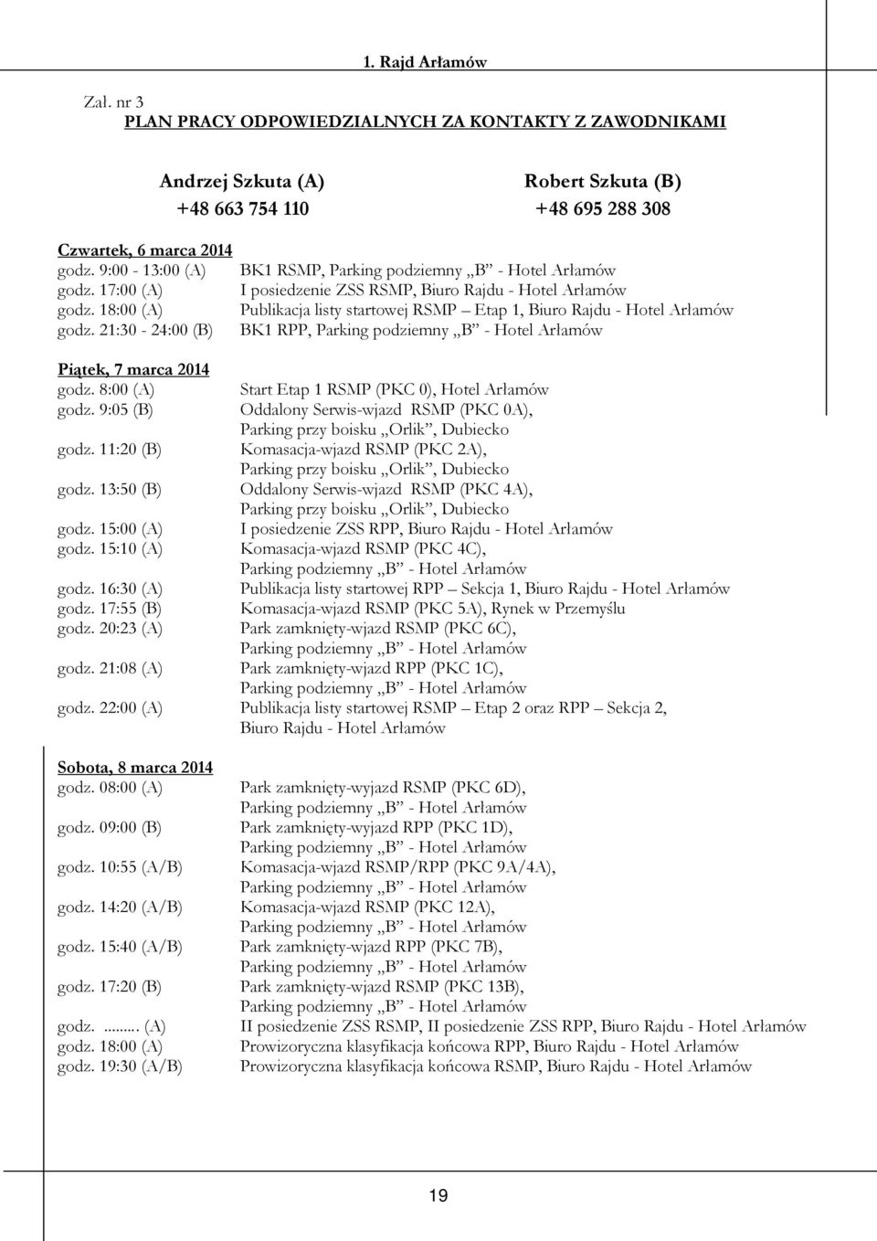 21:30-24:00 (B) BK1 RSMP, Parking podziemny B - Hotel Arłamów I posiedzenie ZSS RSMP, Biuro Rajdu - Hotel Arłamów Publikacja listy startowej RSMP Etap 1, Biuro Rajdu - Hotel Arłamów BK1 RPP, Parking