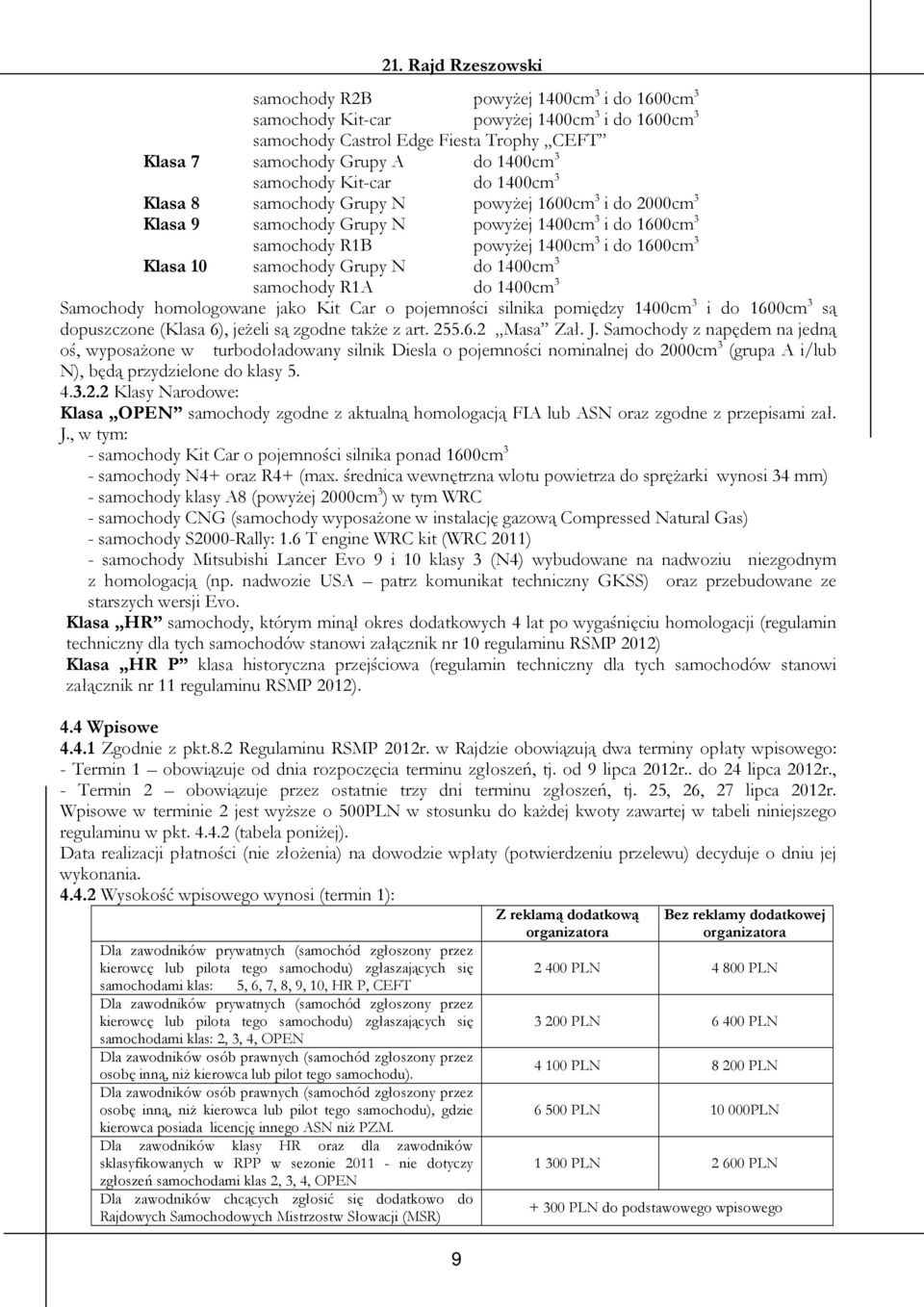 1400cm 3 samochody R1A do 1400cm 3 Samochody homologowane jako Kit Car o pojemności silnika pomiędzy 1400cm 3 i do 1600cm 3 są dopuszczone (Klasa 6), jeżeli są zgodne także z art. 255.6.2 Masa Zał. J.