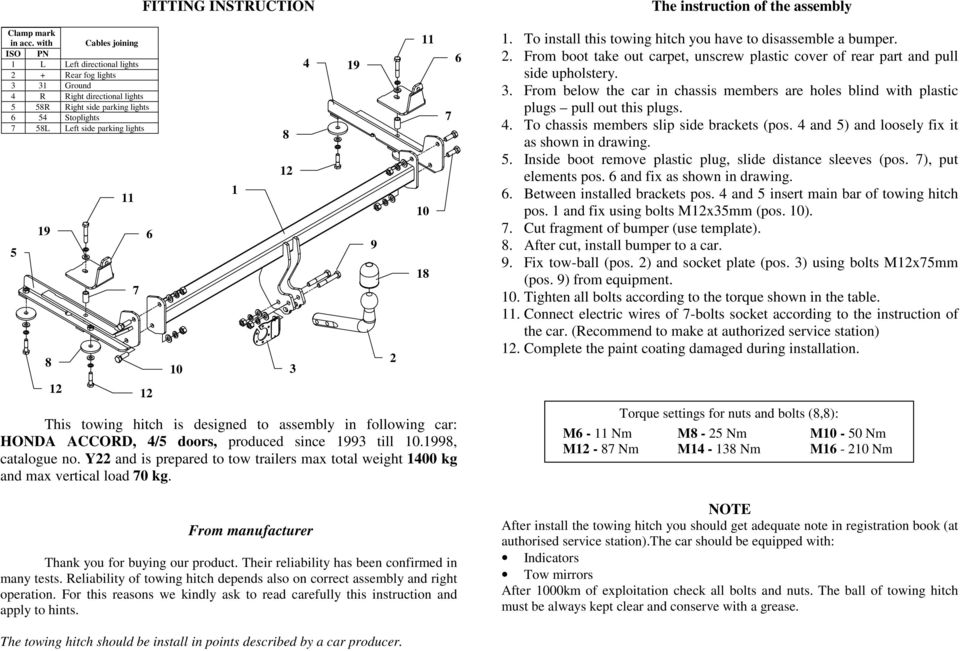 INSTRUCTION This towing hitch is designed to assembly in following car: HONDA ACCORD, 4/5 doors, produced since 93 till.9, catalogue no.