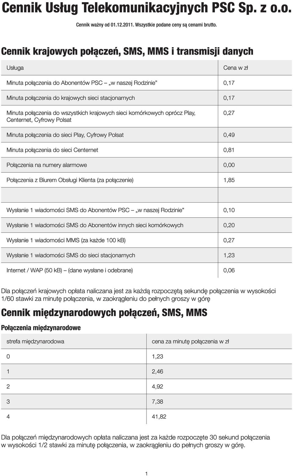 Połączenia na numery alarmowe 0,00 Połączenia z Biurem Obsługi Klienta (za połączenie) 1,85 Wysłanie 1 wiadomości SMS do Abonentów PSC w naszej Rodzinie 0,10 Wysłanie 1 wiadomości SMS do Abonentów