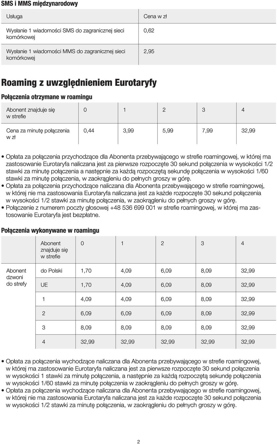 przebywającego w strefie roamingowej, w której ma zastosowanie Eurotaryfa naliczana jest za pierwsze rozpoczęte 30 sekund połączenia w wysokości 1/2 stawki za minutę połączenia a następnie za każdą