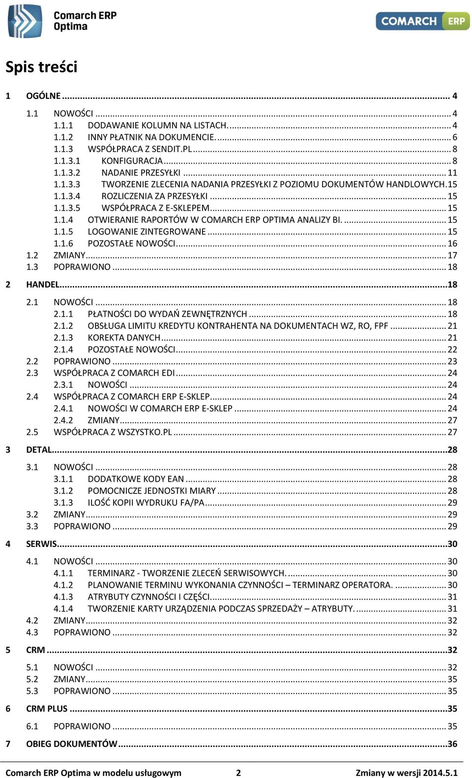 ... 15 1.1.5 LOGOWANIE ZINTEGROWANE... 15 1.1.6 POZOSTAŁE NOWOŚCI... 16 1.2 ZMIANY... 17 1.3 POPRAWIONO... 18 2 HANDEL...18 2.1 NOWOŚCI... 18 2.1.1 PŁATNOŚCI DO WYDAŃ ZEWNĘTRZNYCH... 18 2.1.2 OBSŁUGA LIMITU KREDYTU KONTRAHENTA NA DOKUMENTACH WZ, RO, FPF.