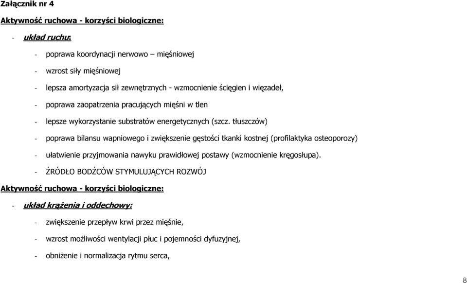 tłuszczów) - poprawa bilansu wapniowego i zwiększenie gęstości tkanki kostnej (profilaktyka osteoporozy) - ułatwienie przyjmowania nawyku prawidłowej postawy (wzmocnienie kręgosłupa).