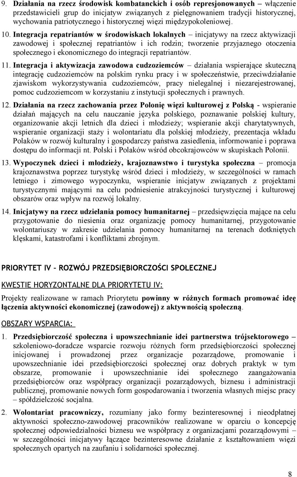 Integracja repatriantów w środowiskach lokalnych inicjatywy na rzecz aktywizacji zawodowej i społecznej repatriantów i ich rodzin; tworzenie przyjaznego otoczenia społecznego i ekonomicznego do