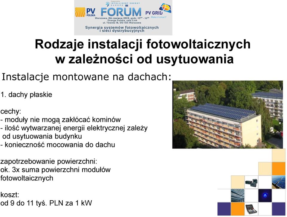 dachy płaskie cechy: - moduły nie mogą zakłócać kominów - ilość wytwarzanej energii