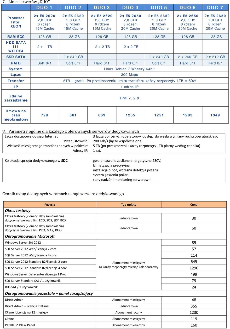 Parametry ogólne dla każdego z oferowanych serwerów dedykowanych Łącza dostępowe do sieci Internet 3 łącza do różnych operatorów, dostęp do węzła wymiany ruchu operatorskiego Przepustowość: 200 Mb/s