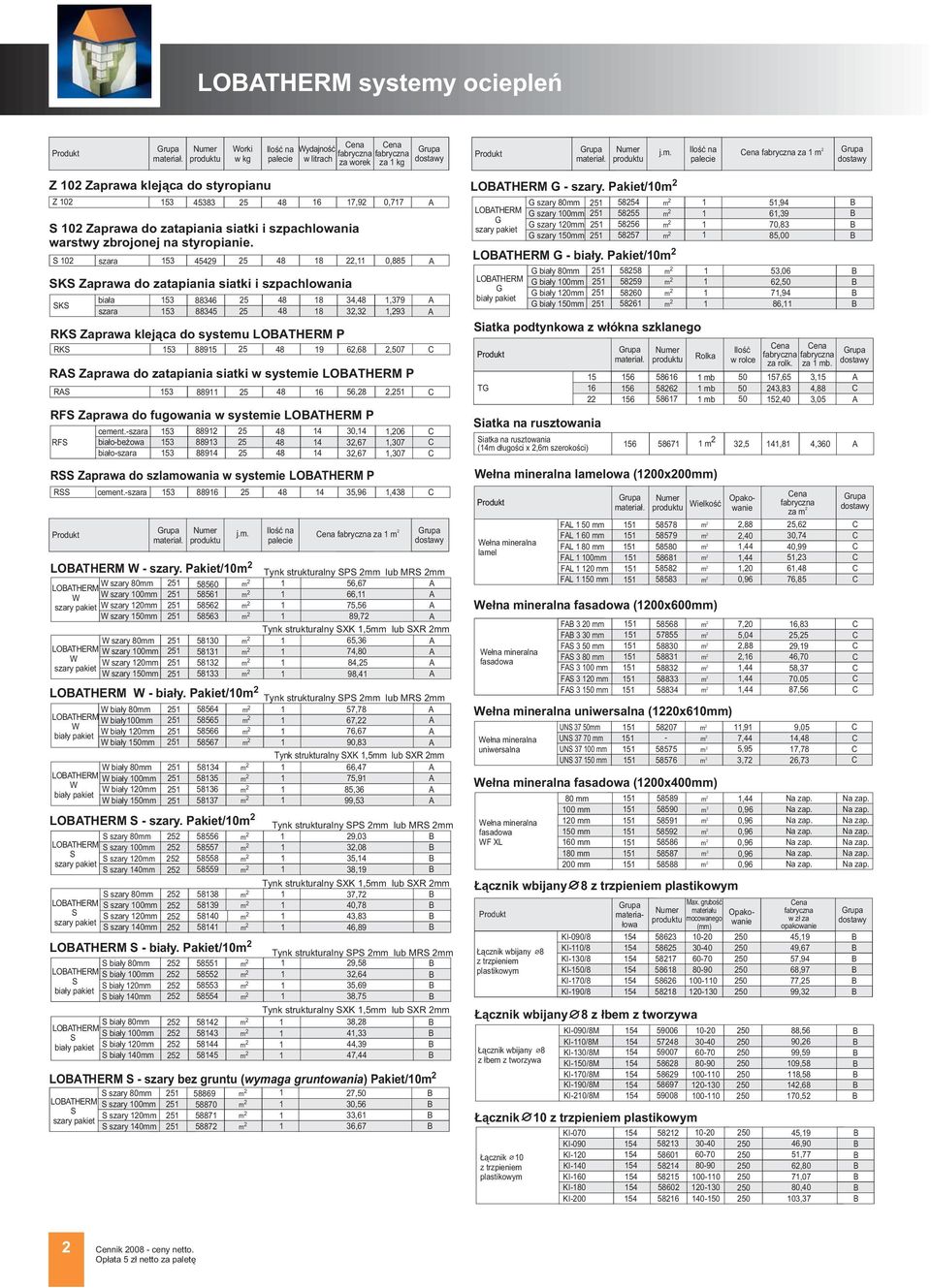 SKS Zaprawa do zatapiania siatki i szpachlowania RKS Zaprawa klej¹ca do systeu LOTHERM P 6 7,9 0,77 S 0 szara 3 449 8, 0,88 SKS bia³a 3 88346 8 34, szara 3 8834 8 3,3 RKS 3 889 RS Zaprawa do