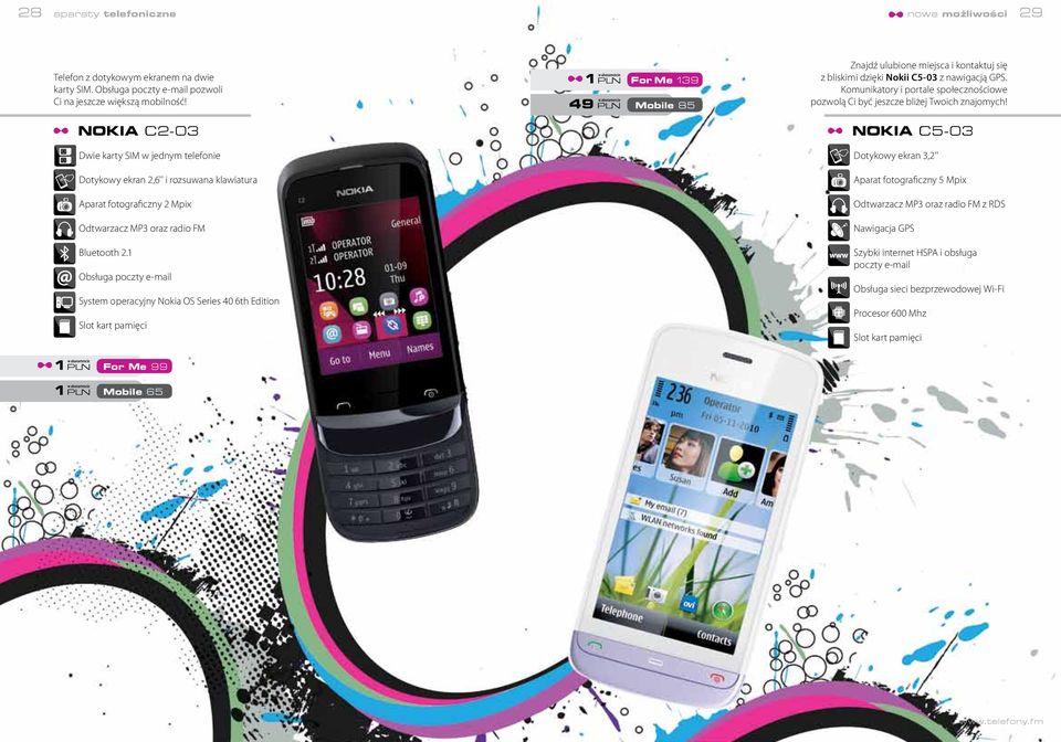 1 Obsługa poczty e-mail System operacyjny Nokia OS Series 40 6th Edition Slot kart pamięci 1 PLN For Me 139 49 PLN 85 Znajdź ulubione miejsca i kontaktuj się z bliskimi dzięki Nokii C5-03 z nawigacją