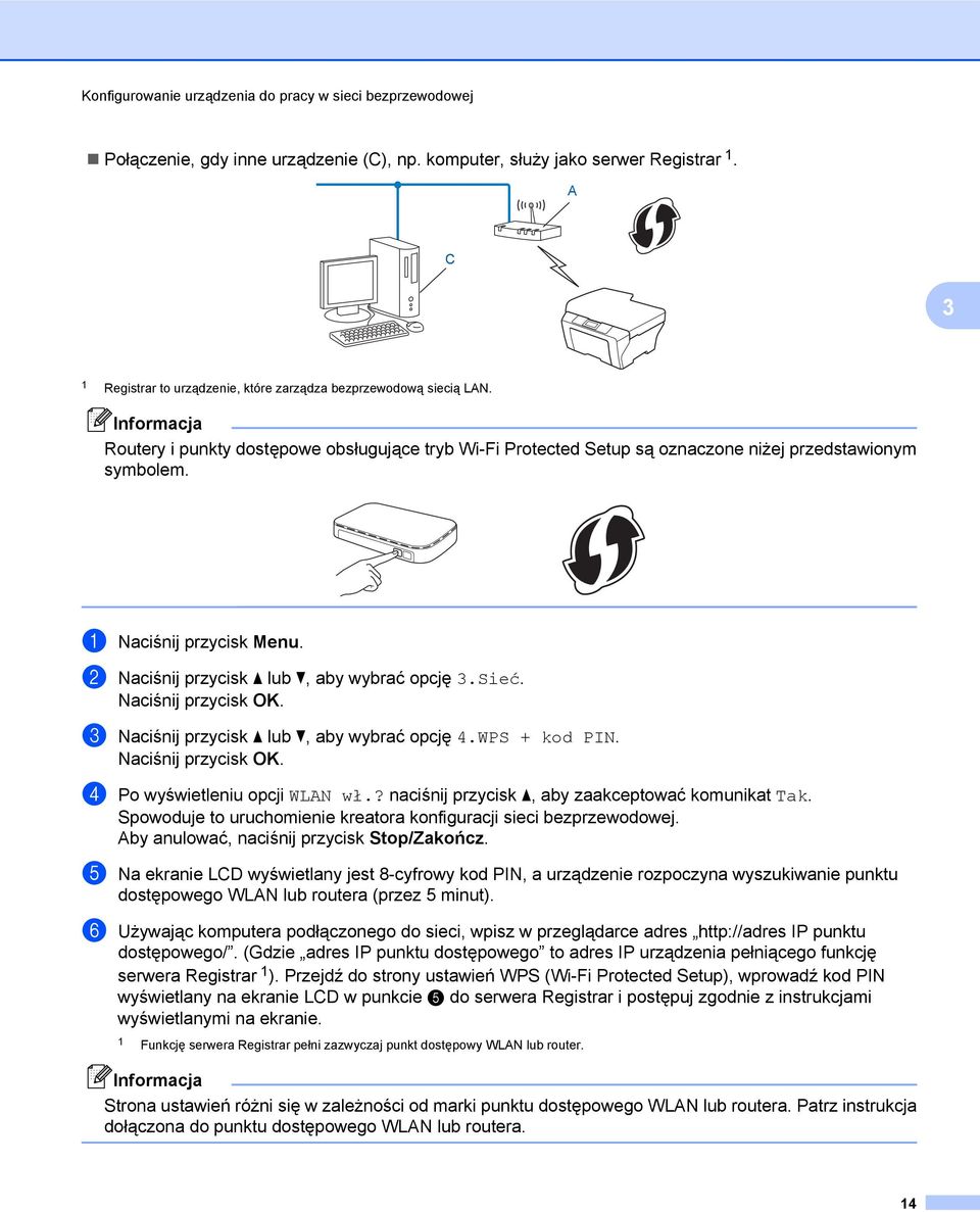 a Naciśnij przycisk Menu. b Naciśnij przycisk a lub b, aby wybrać opcję 3.Sieć. c Naciśnij przycisk a lub b, aby wybrać opcję 4.WPS + kod PIN. d Po wyświetleniu opcji WLAN wł.