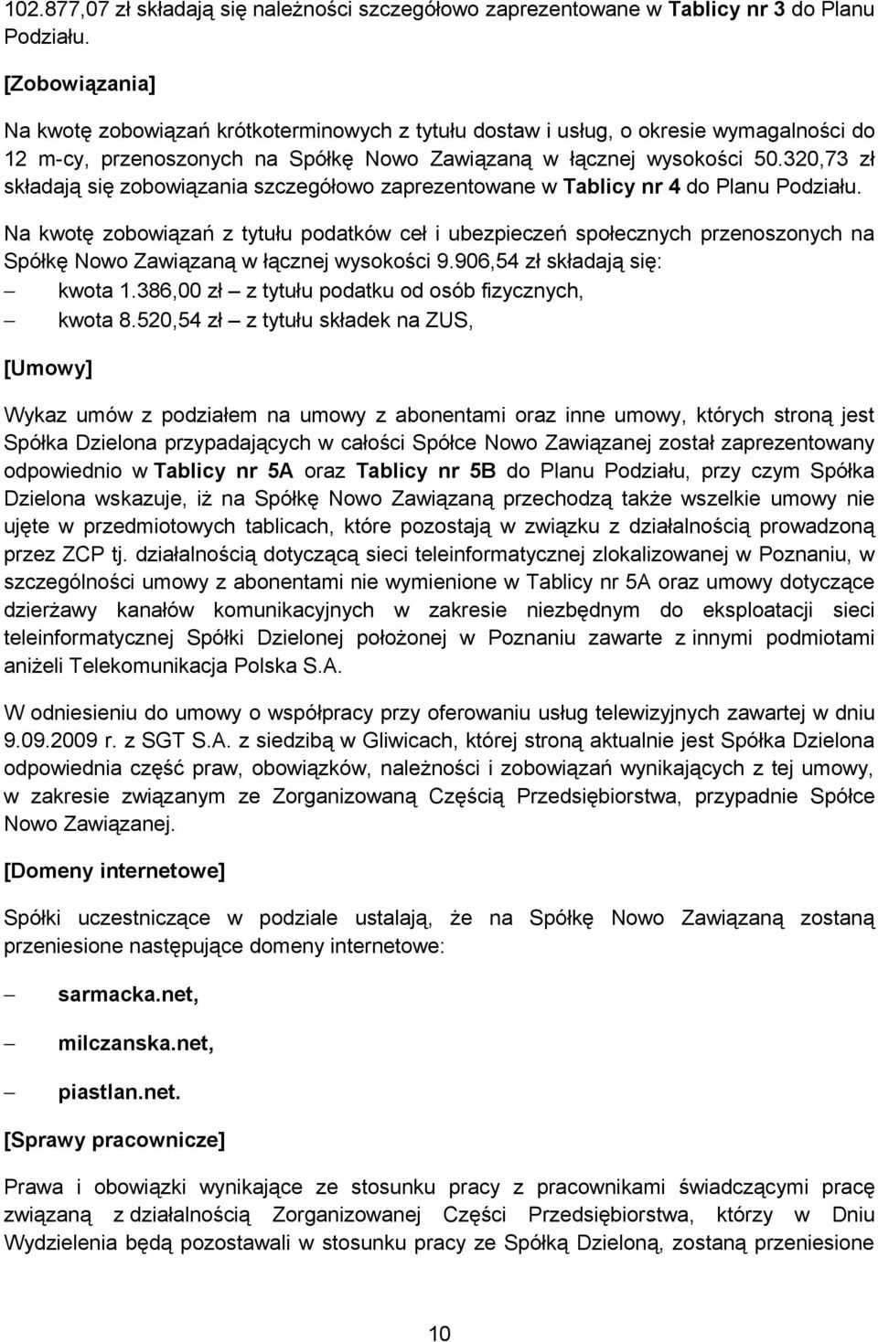 320,73 zł składają się zobowiązania szczegółowo zaprezentowane w Tablicy nr 4 do Planu Podziału.