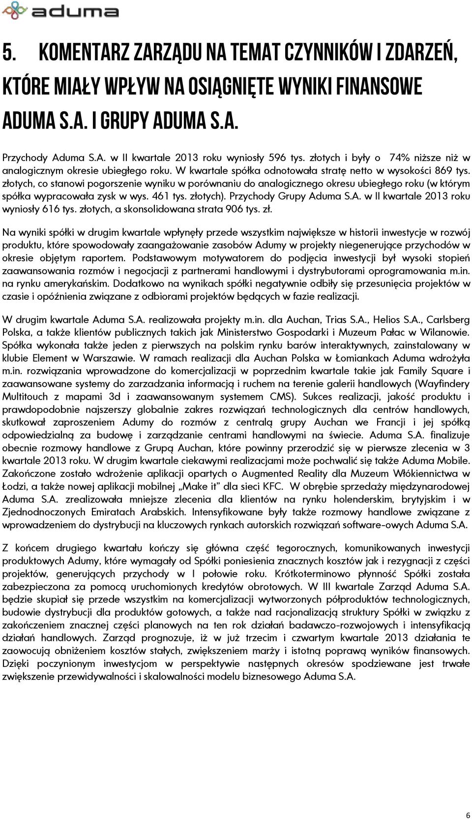 złotych, co stanowi pogorszenie wyniku w porównaniu do analogicznego okresu ubiegłego roku (w którym spółka wypracowała zysk w wys. 461 tys. złotych). Przychody Grupy Ad
