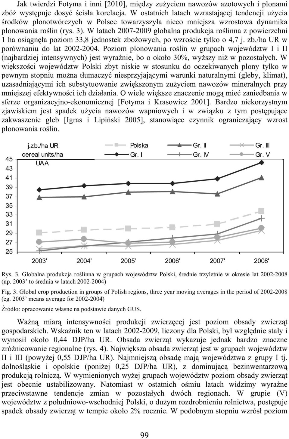 W latach 2007-2009 globalna produkcja ro linna z powierzchni 1 ha osi gn a poziom 33,8 jednostek zbo owych, po wzro cie tylko o 4,7 j. zb./ha UR w porównaniu do lat 2002-2004.
