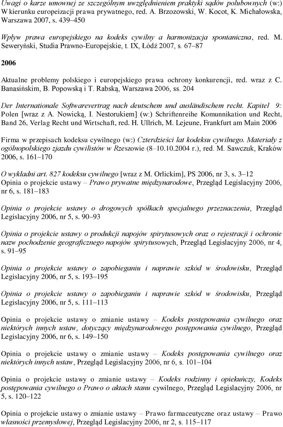 67 87 2006 Aktualne problemy polskiego i europejskiego prawa ochrony konkurencji, red. wraz z C. Banasińskim, B. Popowską i T. Rabską, Warszawa 2006, ss.