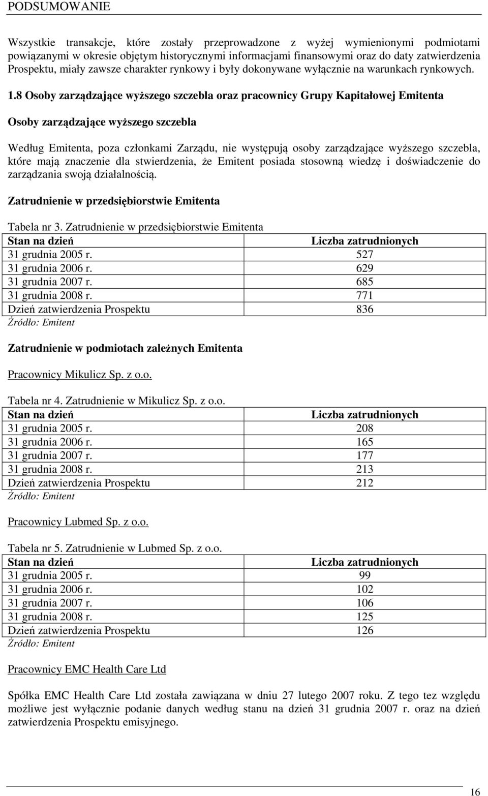 8 Osoby zarządzające wyższego szczebla oraz pracownicy Grupy Kapitałowej Emitenta Osoby zarządzające wyższego szczebla Według Emitenta, poza członkami Zarządu, nie występują osoby zarządzające