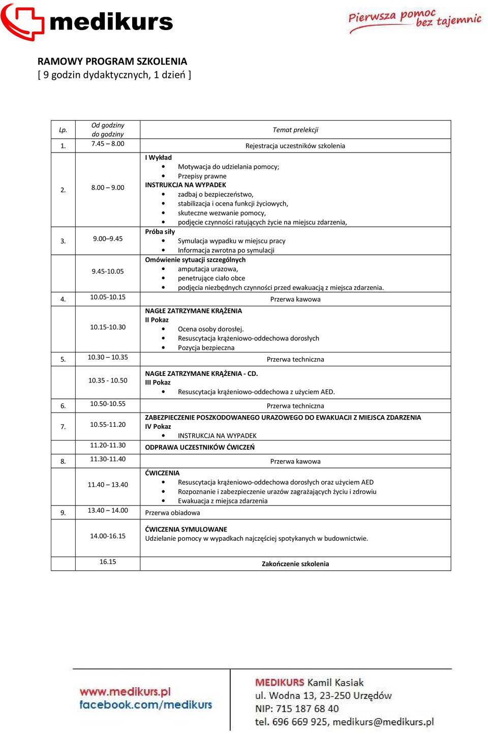 ratujących życie na miejscu zdarzenia, Próba siły Symulacja wypadku w miejscu pracy Informacja zwrotna po symulacji Omówienie sytuacji szczególnych amputacja urazowa, penetrujące ciało obce podjęcia