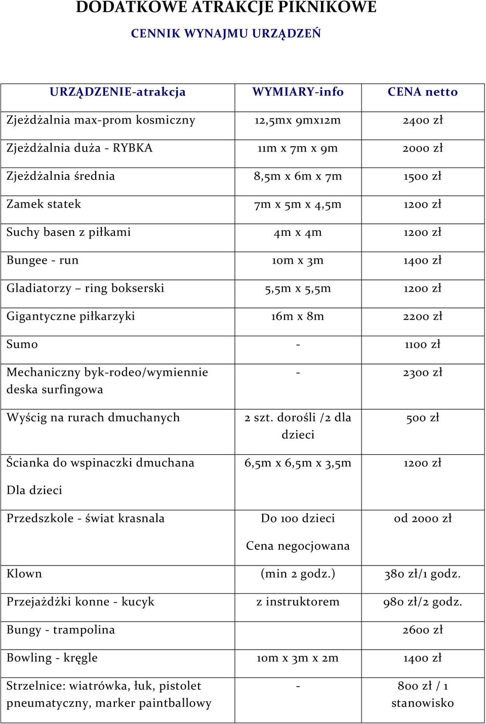 Gigantyczne piłkarzyki 16m x 8m 2200 zł Sumo - 1100 zł Mechaniczny byk-rodeo/wymiennie deska surfingowa - 2300 zł Wyścig na rurach dmuchanych 2 szt.