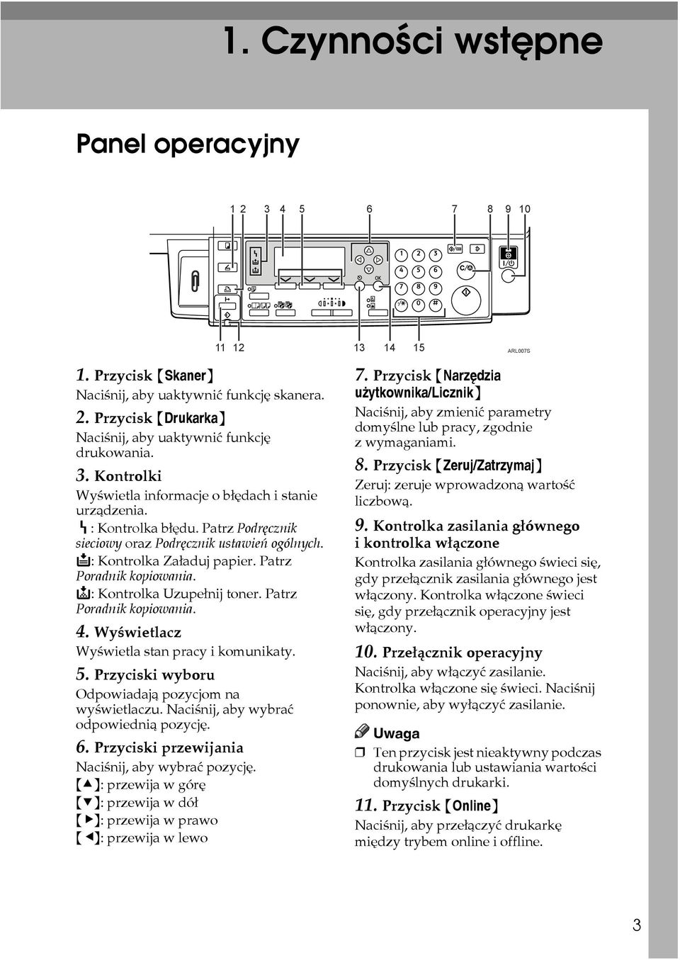Patrz Poradnik kopiowania. D: Kontrolka Uzupeânij toner. Patrz Poradnik kopiowania. 4. Wyãwietlacz Wyãwietla stan pracy i komunikaty. 5. Przyciski wyboru Odpowiadajà pozycjom na wyãwietlaczu.