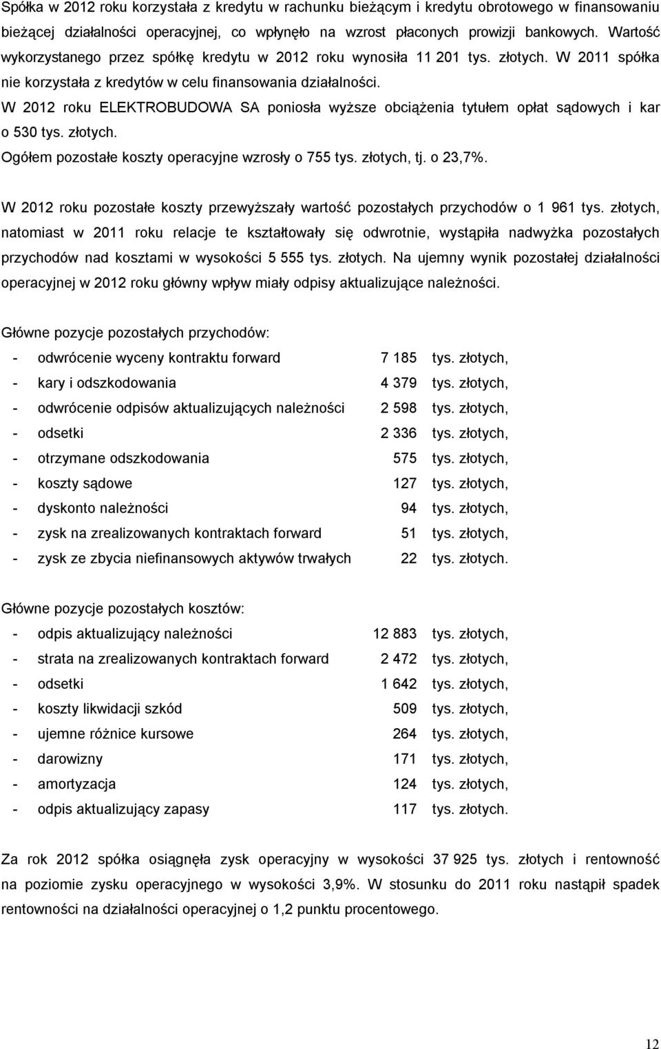 W 2012 roku ELEKTROBUDOWA SA poniosła wyższe obciążenia tytułem opłat sądowych i kar o 530 tys. złotych. Ogółem pozostałe koszty operacyjne wzrosły o 755 tys. złotych, tj. o 23,7%.