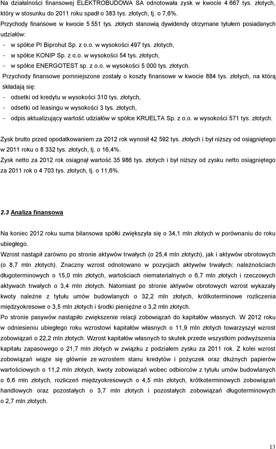złotych, - w spółce ENERGOTEST sp. z o.o. w wysokości 5 000 tys. złotych. Przychody finansowe pomniejszone zostały o koszty finansowe w kwocie 884 tys.