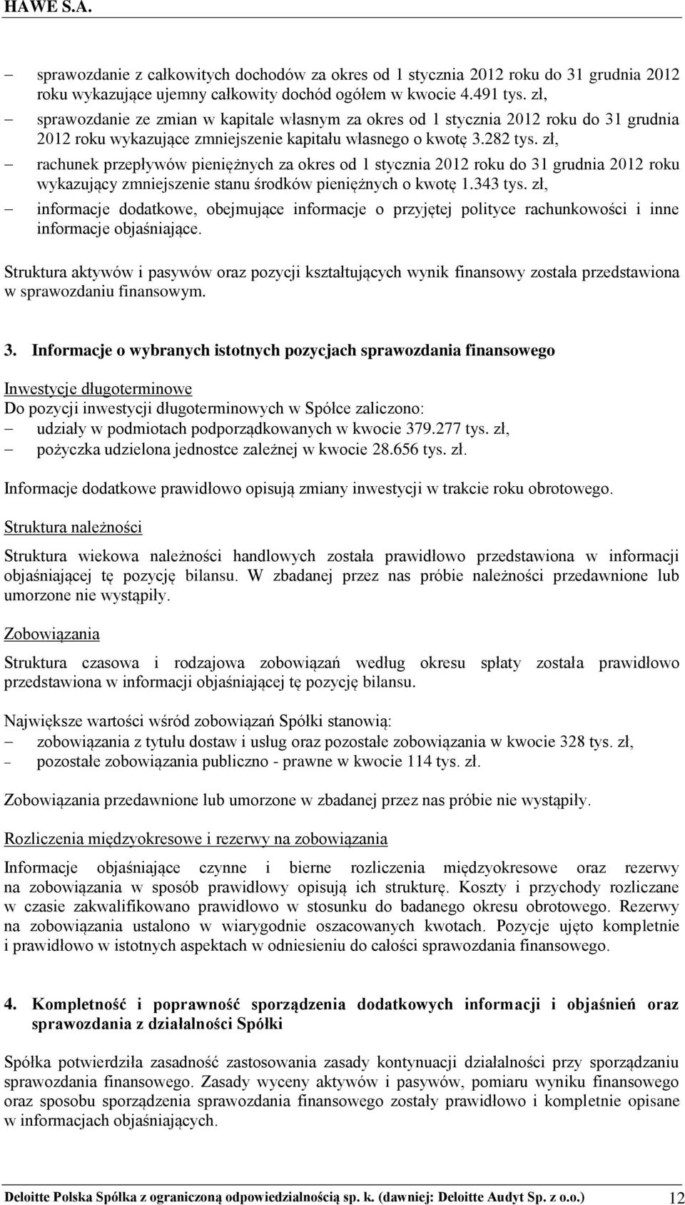 zł, rachunek przepływów pieniężnych za okres od 1 stycznia 2012 roku do 31 grudnia 2012 roku wykazujący zmniejszenie stanu środków pieniężnych o kwotę 1.343 tys.