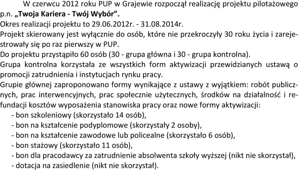 Grupa kontrolna korzystała ze wszystkich form aktywizacji przewidzianych ustawą o promocji zatrudnienia i instytucjach rynku pracy.