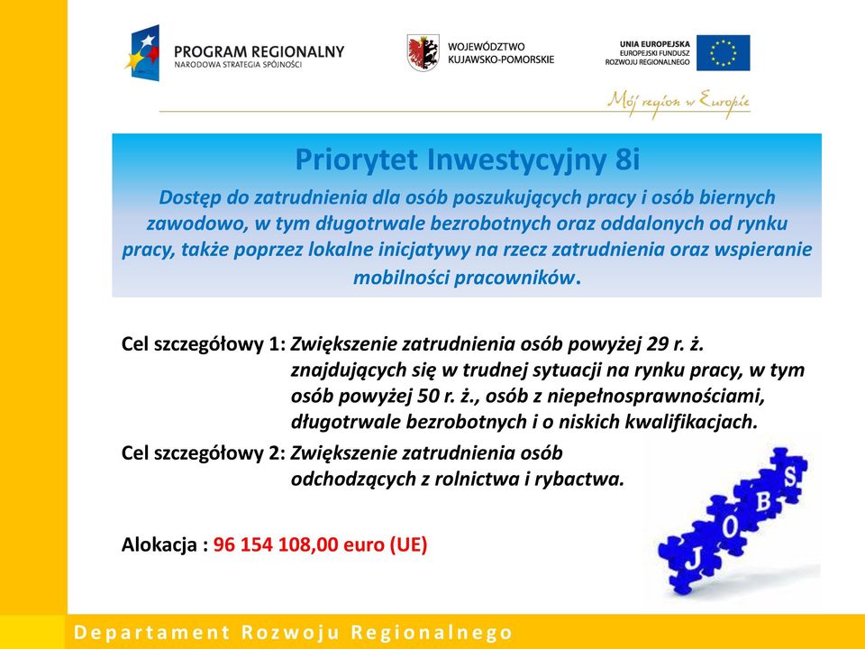 Cel szczegółowy 1: Zwiększenie zatrudnienia osób powyżej 29 r. ż. znajdujących się w trudnej sytuacji na rynku pracy, w tym osób powyżej 50 r. ż., osób z niepełnosprawnościami, długotrwale bezrobotnych i o niskich kwalifikacjach.