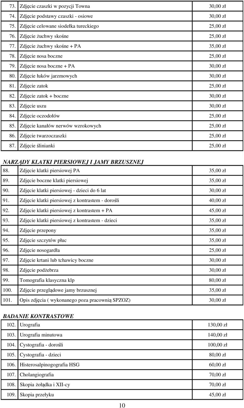 Zdjęcie zatok + boczne 30,00 zł 83. Zdjęcie uszu 30,00 zł 84. Zdjęcie oczodołów 25,00 zł 85. Zdjęcie kanałów nerwów wzrokowych 25,00 zł 86. Zdjęcie twarzoczaszki 25,00 zł 87.