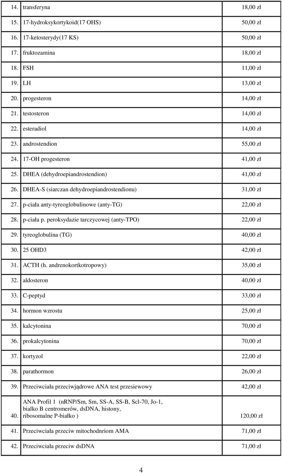 DHEA-S (siarczan dehydroepiandrostendionu) 31,00 zł 27. p-ciała anty-tyreoglobulinowe (anty-tg) 22,00 zł 28. p-ciała p. peroksydazie tarczycowej (anty-tpo) 22,00 zł 29.