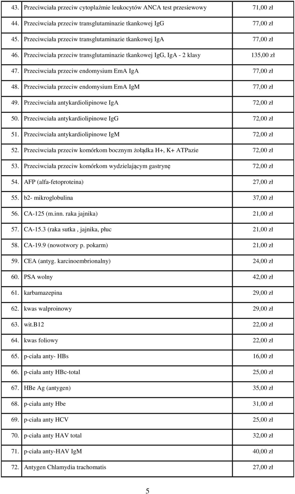 Przeciwciała przeciw endomysium EmA IgM 77,00 zł 49. Przeciwciała antykardiolipinowe IgA 72,00 zł 50. Przeciwciała antykardiolipinowe IgG 72,00 zł 51. Przeciwciała antykardiolipinowe IgM 72,00 zł 52.
